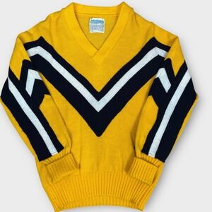 VTG 70's Dallas Knitting Cheerleader Sweater Yellow Navy Chevron Orlon Acrylic